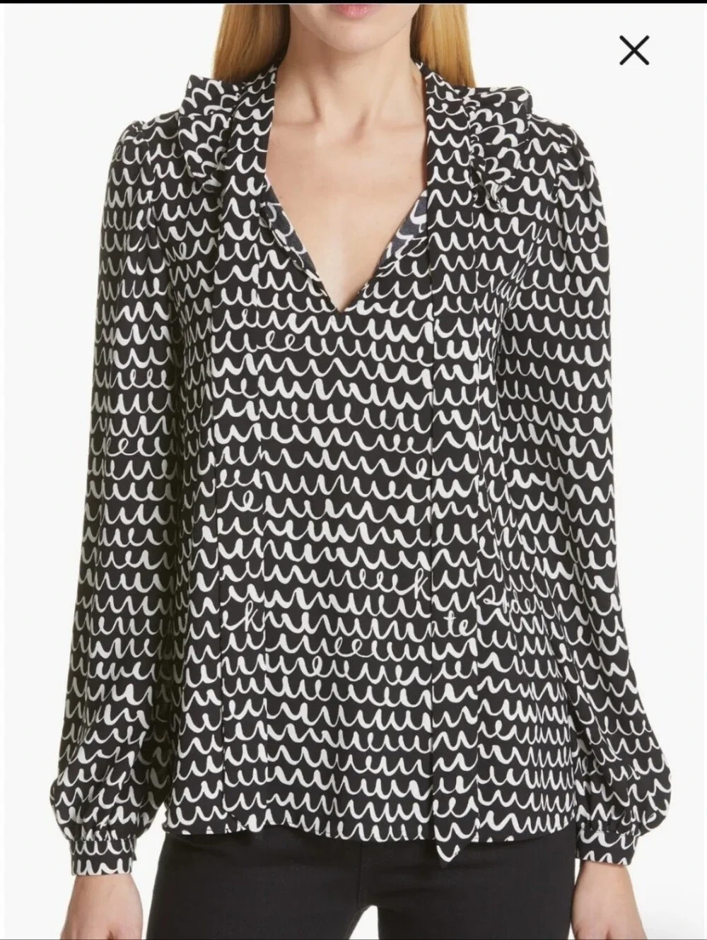 Kate Spade Tie Neck Long Sleeve Doodle Scribble Wave Squiggly Squiggle Lines Top